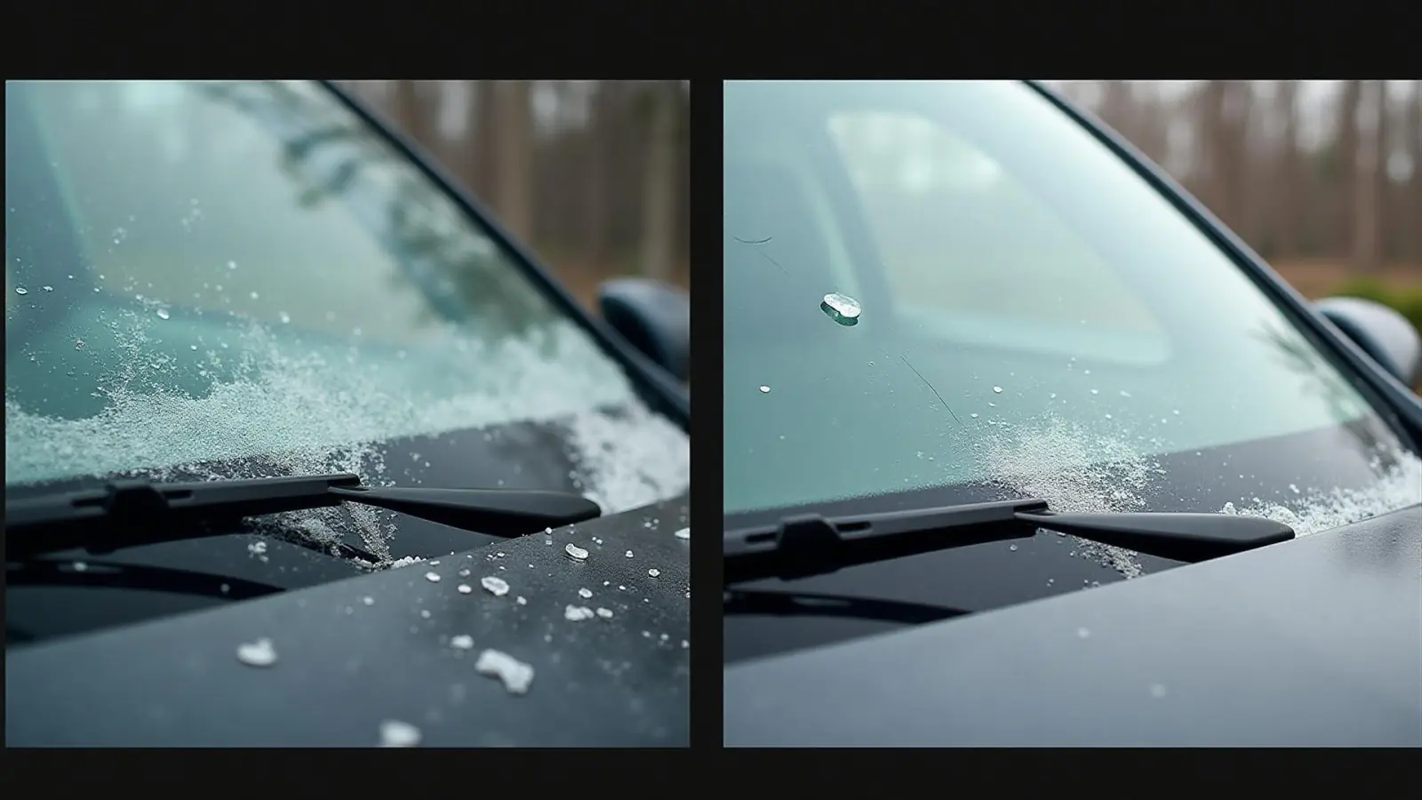 Comparaison avant-après d'un petit impact de 5mm devenu fissure de 20cm après une nuit de gel, montrant l'importance de la réparation préventive