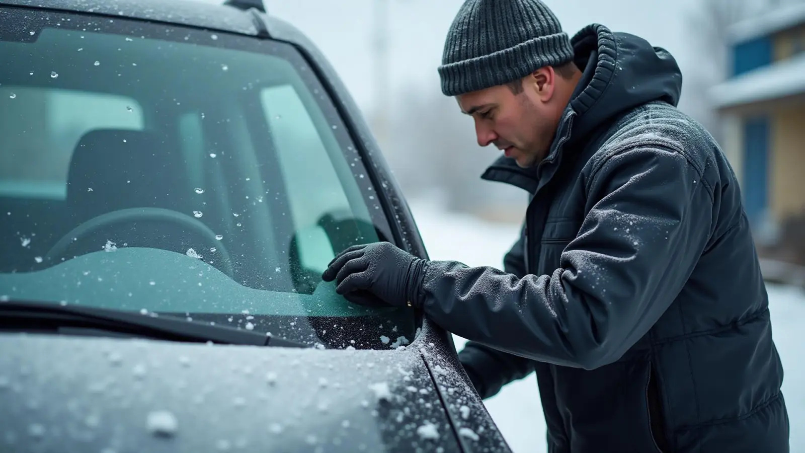 Technicien Urgences Glass effectuant réparation professionnelle d'impact de pare-brise en conditions hivernales avec équipement adapté au froid