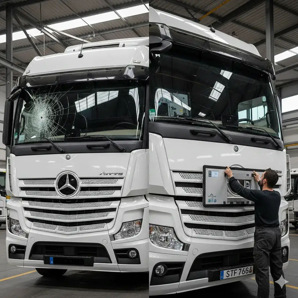 Remplacement pare-brise camion Mercedes Actros entrepôt logistique Urgences Glass véhicule atelier intervention poids lourd IDF 2026