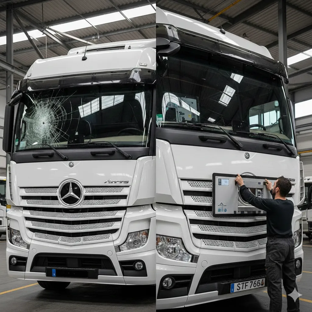 Remplacement pare-brise camion Mercedes Actros entrepôt logistique Urgences Glass véhicule atelier intervention poids lourd IDF 2026