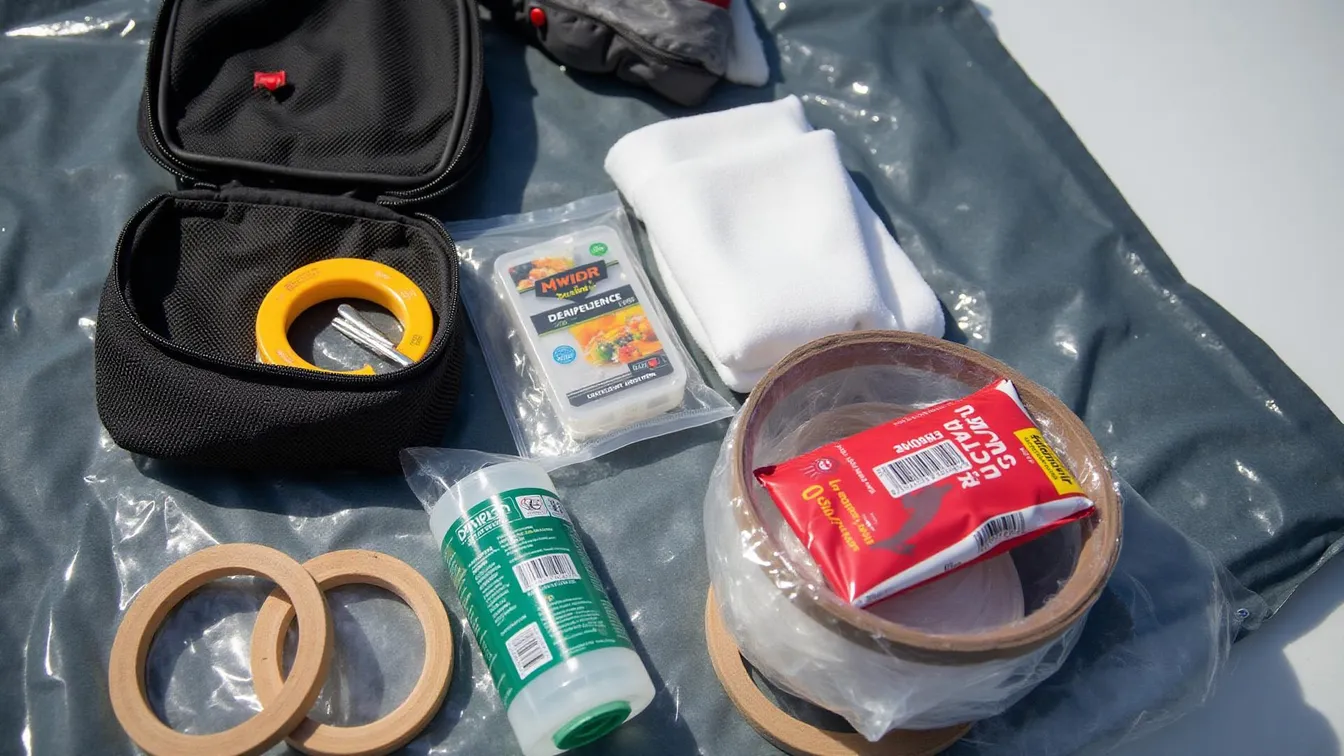 Kit d'urgence vitrage pour montagne avec scotch transparent bâche de protection coordonnées réparateurs pour intervention rapide