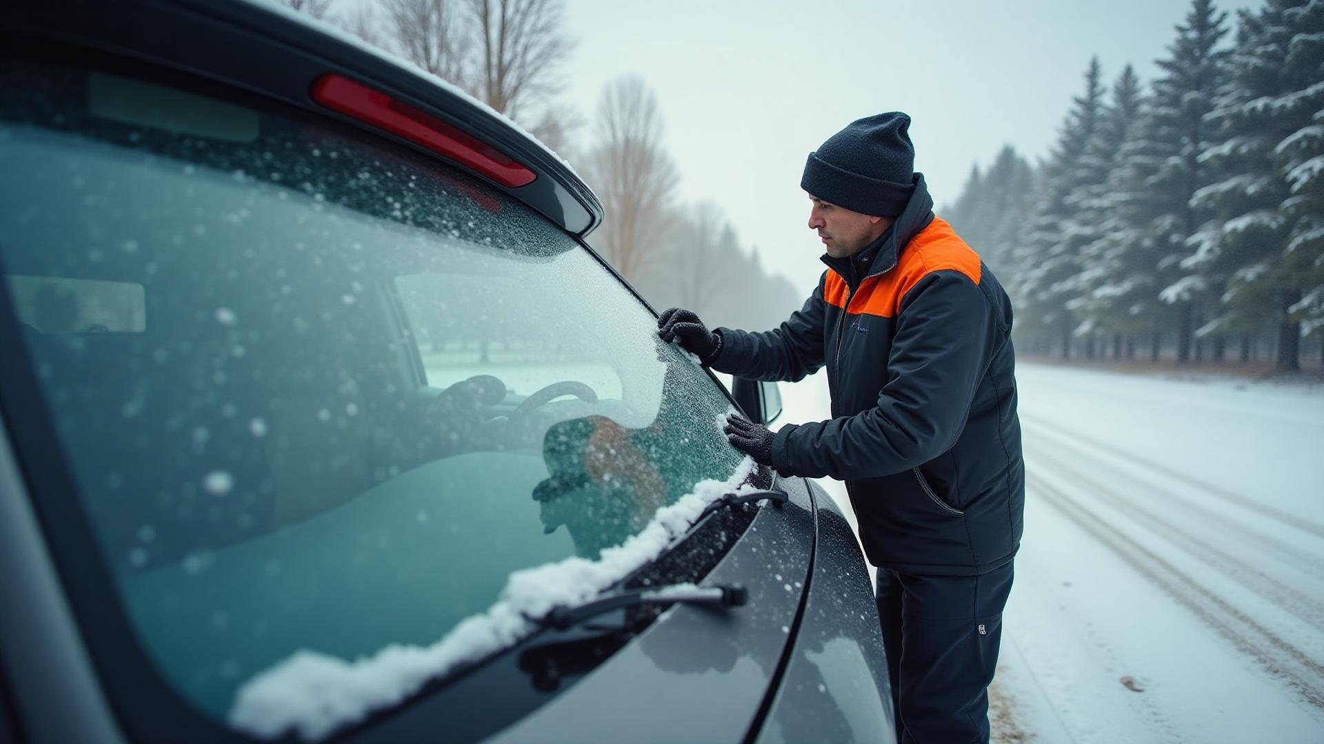 Technicien professionnel effectuant un dégivrage correct de pare-brise en hiver avec technique 3-3-3 pour éviter les chocs thermiques