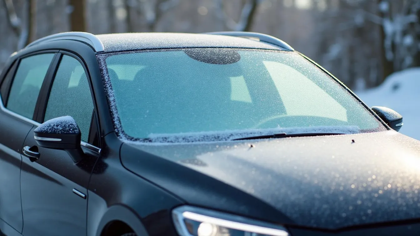 Couverture thermique de protection anti-gel installée sur pare-brise de voiture en hiver pour éviter le givrage nocturne