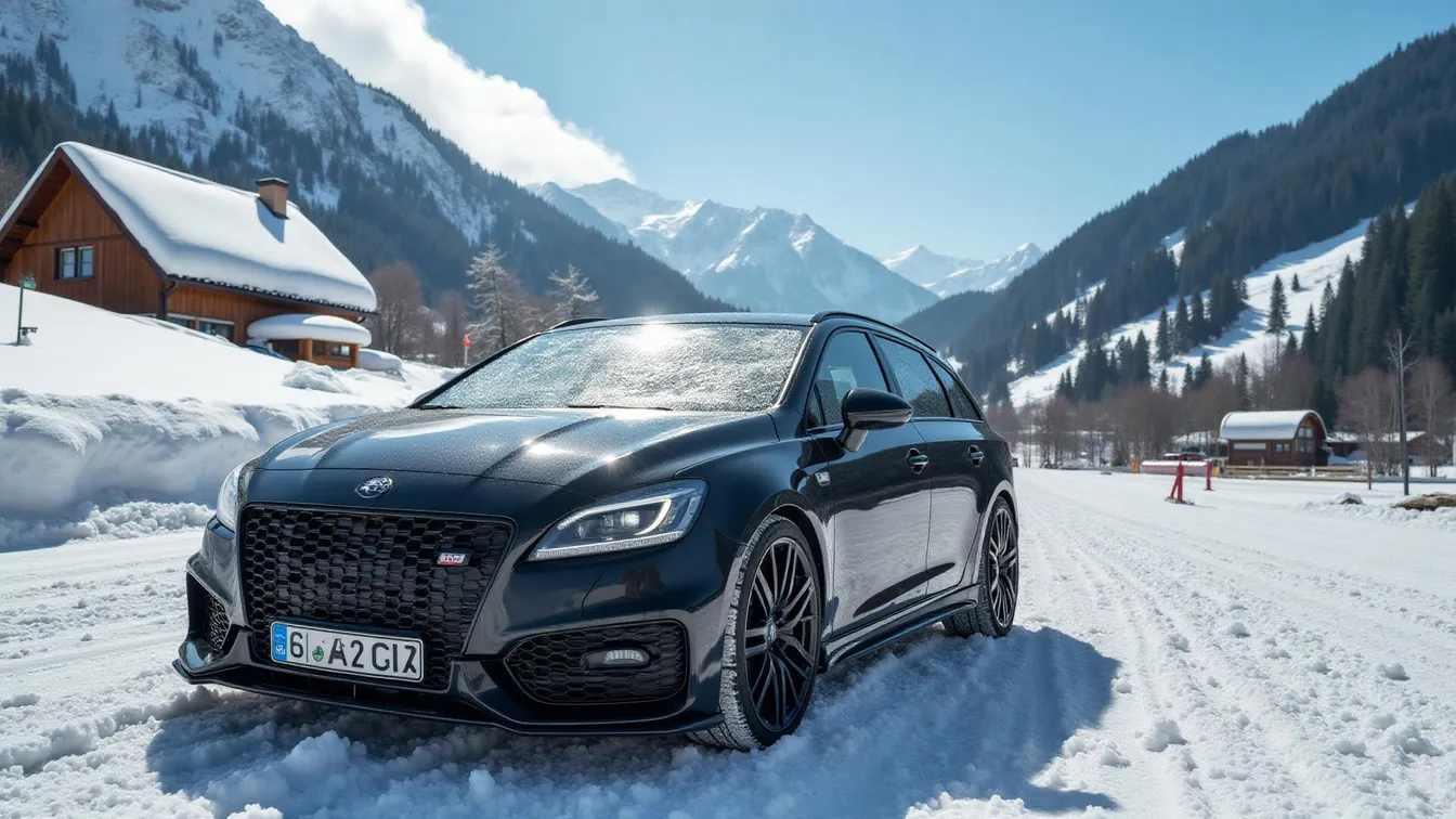 Voiture garée à la station de ski avec protection pare-brise anti-gel installée pour prévenir dommages chute glace et grêle