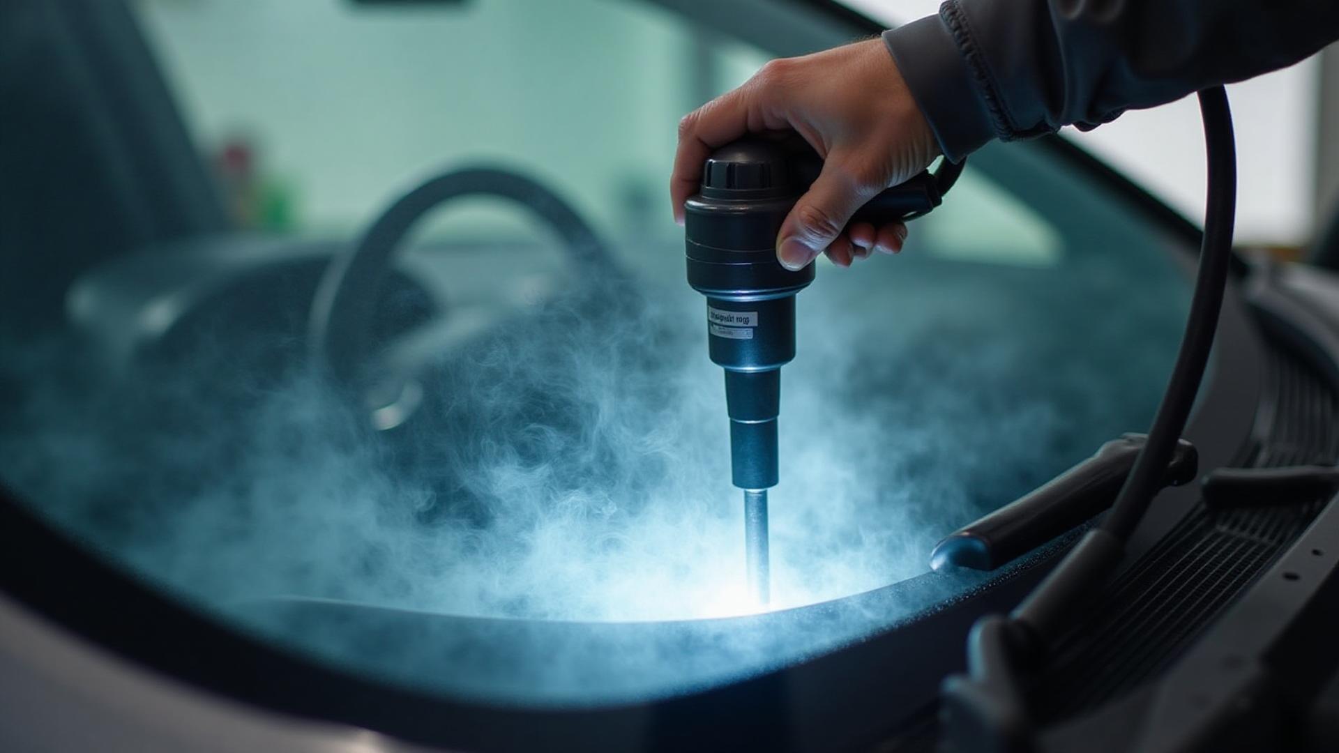 Test d'étanchéité de pare-brise avec fumigène professionnel pour détecter fuites et défauts de joints