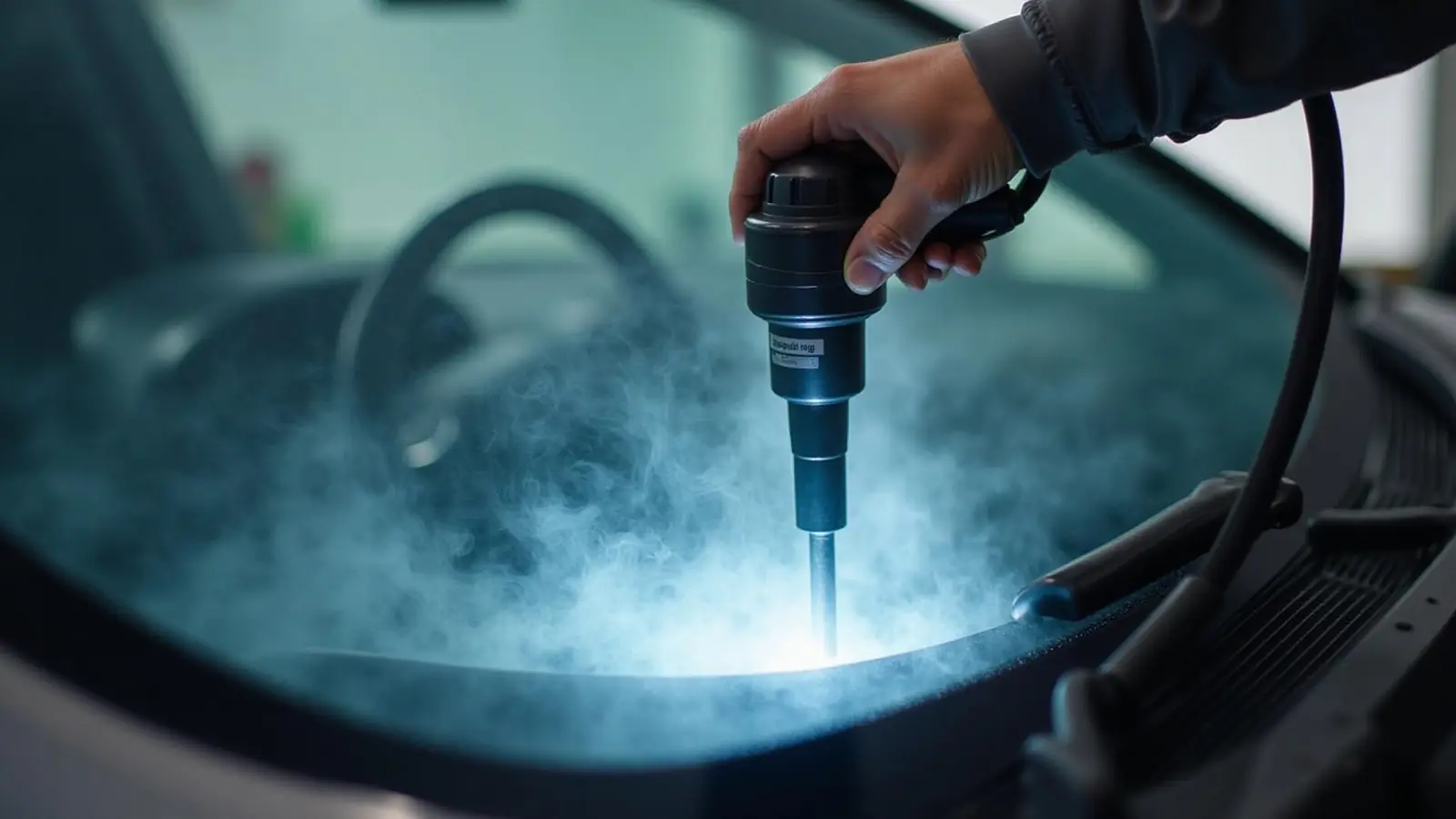 Test d'étanchéité de pare-brise avec fumigène professionnel pour détecter fuites et défauts de joints
